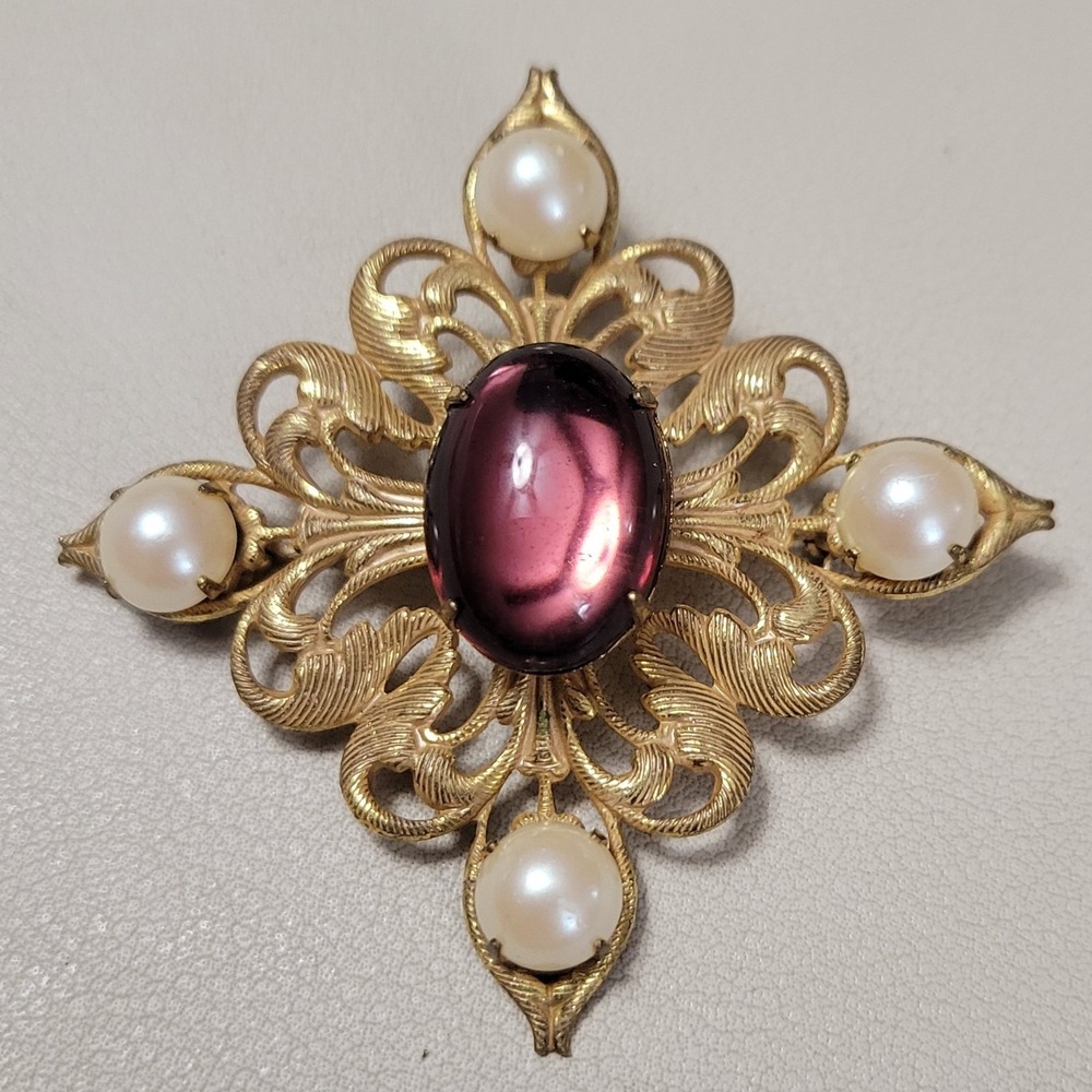 Vintage MIRIAM HASKELL Amethyst Glass Cabochon Faux Pearl Victorian Style Brooch
